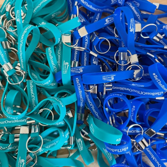 Custom teal and blue silicone wristband keychains
